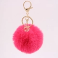 Detail of rose red faux fur pompom keychain with gold geometric rhinestone pendant - Rose Red