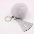 Detailed macro view of a fluffy grey faux fur pom pom keychain with silky fringe tassels - 8cm Faux Rabbit Fur Tassel Style / Light Grey