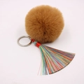 Macro detail of colorful bohemian tassel and brown plush pompom on a silver keychain - (Colorful Tassel)-8cm Faux Rabbit Fur / Coffee
