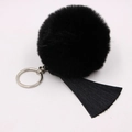 Detail of a fluffy black faux fur pompom with long tassels and silver metal keyring - 8cm Faux Rabbit Fur Tassel Style / Black
