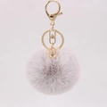 Detailed close-up of light purple faux rabbit fur pom pom keychain with gold rhinestone charm - Light Gray