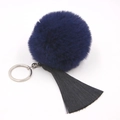 Detail of navy blue faux fur pompom keychain with silky black tassel and silver metal ring - 8cm Faux Rabbit Fur Tassel Style / Navy Blue