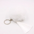 Detailed macro view of white faux fur pompom and long tassel on a silver keychain - 8cm Faux Rabbit Fur Tassel Style / White