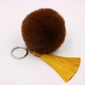 Detail of dark brown faux fur pom pom with yellow silk tassel and silver keychain ring - 8cm Faux Rabbit Fur Tassel Style / Brown Champagne