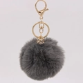Close-up of dark grey faux fur keychain with gold geometric pendant and lobster clasp - Dark Gray