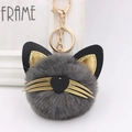 Detail of grey fluffy cat head keychain with gold whiskers and metal lobster clasp - Dark Gray