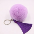 Detail of a purple faux fur pompom keychain with long silk tassels and silver metal ring - 8cm Faux Rabbit Fur Tassel Style / Taro Purple