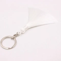 Detailed view of bohemian white tassel keychain with silver metal ring on white background - Silver Single Ring / White