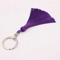 Detailed view of dark purple bohemian silk tassel keychain with silver metal ring connector - Silver Single Ring / Purple