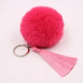 Fuchsia faux rabbit fur pompom keychain with pink tassel and silver ring on pink background - 8cm Faux Rabbit Fur Tassel Style / Rose Red-Pink