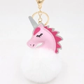 Detail of cute pink unicorn plush pompom keychain with gold-tone lobster clasp - Unicorn Keychain / White