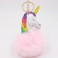 Portachiavi unicorno di peluche con testa in ecopelle bianca e pompon rosa soffice - Rosa Chiaro