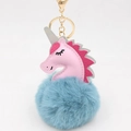 Close-up of pink leather unicorn head with silver horn and fluffy blue pom pom keychain - Unicorn Keychain / Teal