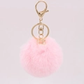 Pink faux rabbit fur pom pom keychain with gold geometric pendant for bags and car keys - Light Pink