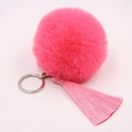 Detailed view of pink faux fur pompom and silky tassels on a silver metal keychain - 8cm Faux Rabbit Fur Tassel Style / Watermelon Red-Pink