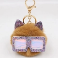 Détail du porte-clés pompon oreilles de chat à paillettes avec monture de lunettes - Café