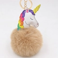 Détail du porte-clés licorne en similicuir blanc avec pompon marron doux et pelucheux - Khaki