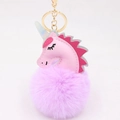 Pink faux leather unicorn keychain with fluffy lavender fur pompom and golden keyring clasp - Unicorn Keychain / Taro Purple