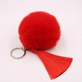 Detailed close-up of fluffy red pompom with silky tassels and silver metal keyring - 8cm Faux Rabbit Fur Tassel Style / Bright Red