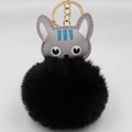 Détail d'un porte-clés chat mignon avec tête en cuir gris et pompon noir en peluche - Porte-clés Doré / Noir
