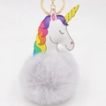 Détail d'un porte-clés licorne en peluche avec pompon gris et clip métallique doré - Gris clair