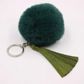 Detailed view of bohemian faux fur pom pom and silky fringe tassel with silver keychain - 8cm Faux Rabbit Fur Tassel Style / Dark Green