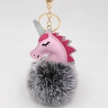 Detail of pink unicorn plush keychain with fluffy grey faux fur ball and gold metal ring - Unicorn Keychain / Two-tone Black