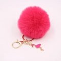 Pink faux fur pompom keychain with gold lobster clasp and metal flamingo charm - Rose Red