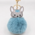 Détail d'un pendentif chat mignon avec tête en similicuir gris et pompon bleu - Porte-clés Doré / Bleu sarcelle