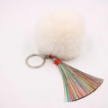 Detailansicht eines weißen Kunstfell-Pompons mit buntem Quastenanhänger und Silber-Schlüsselring - (Bunte Quaste)-8cm Künstliches Kaninchenfell / Cremeweiß