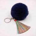 Detailansicht von dunkelblauem Kunstpelz-Bommel mit bunten Seidenquasten im Verlauf - (Bunte Quaste)-8cm Künstliches Kaninchenfell / Marineblau