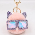Détail du porte-clés en fausse fourrure rose avec oreilles de chat et lunettes pailletées - Rose