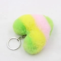 Close-up of heart-shaped plush keychain with colorful striped fur and silver metal ring - Single Ring Buckle / Stripe Style 2