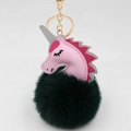 Close-up of pink unicorn keychain with green faux fur pompom and golden alloy clasp - Unicorn Keychain / Dark Green