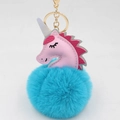 Detail of pink faux leather unicorn charm with a large sky blue plush pompom and gold ring - Unicorn Keychain / Lake Blue