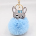 Vue détaillée du pompon bleu clair et du charme de chat en cuir PU gris avec fermoir doré - Porte-clés Doré / Rose bonbon