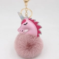 Cute pink unicorn pompom keychain with faux fur ball and golden metal lobster clasp - Unicorn Keychain / Dust Rose