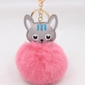 Porte-clés chat mignon en peluche avec tête en cuir PU gris et pompon rose duveteux - Porte-clés Doré / Rose Foncé