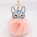 Détail du porte-clés pompon rose moelleux avec tête de chat en cuir gris et fermoir - Porte-clés Doré / Rose