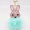 Porte-clés lapin mignon avec tête en cuir rose et pompon en fausse fourrure verte - Vert menthe