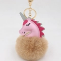 Close-up of pink unicorn keychain with plush pom pom and golden metal clasp details - Unicorn Keychain / Khaki