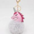 Detailed view of a pink unicorn plush keychain with a soft grey fur pom pom and gold clasp - Unicorn Keychain / Light Gray