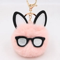 Pink faux fur bunny keychain featuring black glasses and long ears with golden metal clasp - Pink