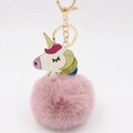 Pink fluffy faux fur unicorn pom-pom keychain with golden unicorn horn and glitter accents - Dusty Pink