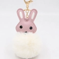 Cute pink rabbit plush keychain with fluffy white faux fur and golden lobster clasp - Off-white