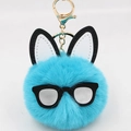 Blue fuzzy bunny keychain with glasses and round ears on a gold keyring detail - Lake Blue