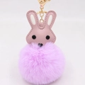 Porte-clés lapin mignon avec pompon en fourrure violette et oreilles en cuir rose - Violet Taro