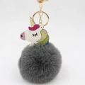 Close-up of colorful glitter unicorn head with gray faux fur pompom on gold keychain - Dark Gray