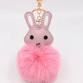 Pink rabbit fur pom-pom keychain with cute faux leather bunny ears and golden clip - Deep Pink