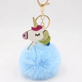 Detail of blue faux fur pompom keychain with a sparkly glitter unicorn and gold lobster clasp - Light Blue